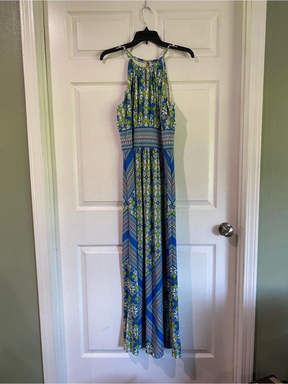 London Times Maxi Halter Dress Womens 14 Boho Tribal Floral Green Blue Stretch